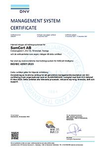 Minitatyr ISO-certifikat SamCert ISO 42001 svenska